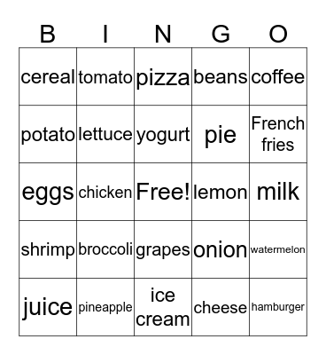 Food Bingo Card