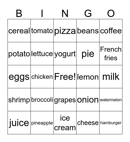 Food Bingo Card