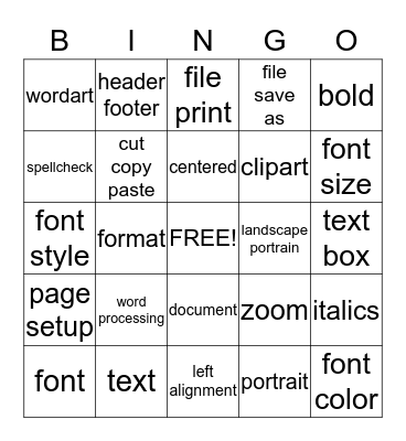 Word processing computer Bingo 2nd, 3rd grades Bingo Card