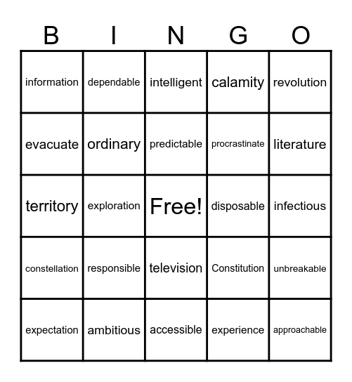 4 Syllable Words Bingo Card