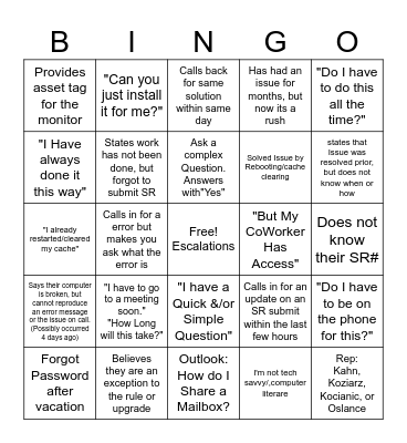 Help Desk Bingo Card