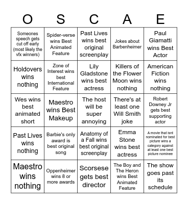 Oscars 2024 Bingo Card