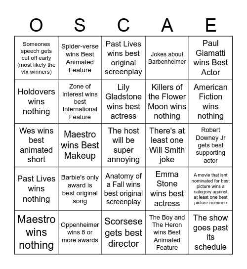 Oscars 2024 Bingo Card