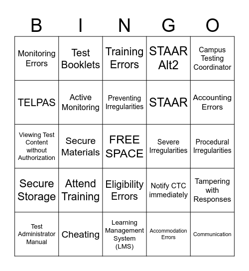 State Test Security Training Bingo Card