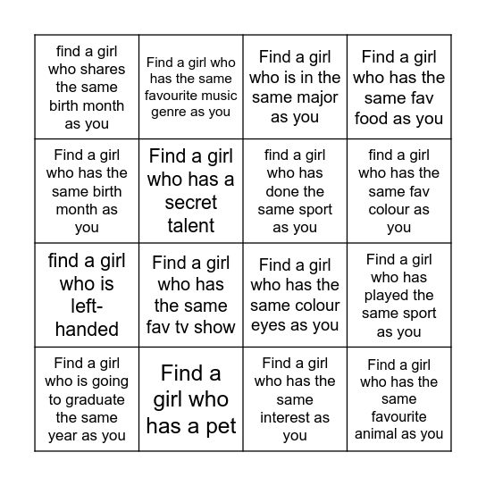 Find a girl who.... Bingo Card