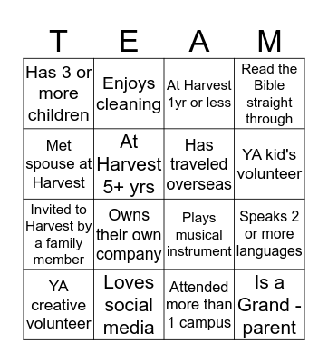 Harvest Team Night  Bingo Card