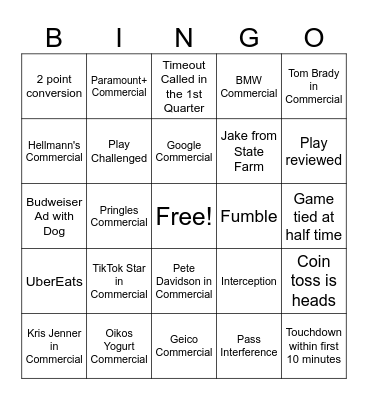 Super Bowl Bingo! Bingo Card