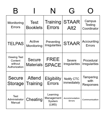 State Test Security Training Bingo Card