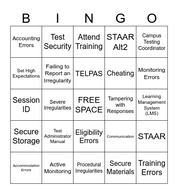 State Test Security Training Bingo Card