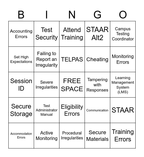 State Test Security Training Bingo Card