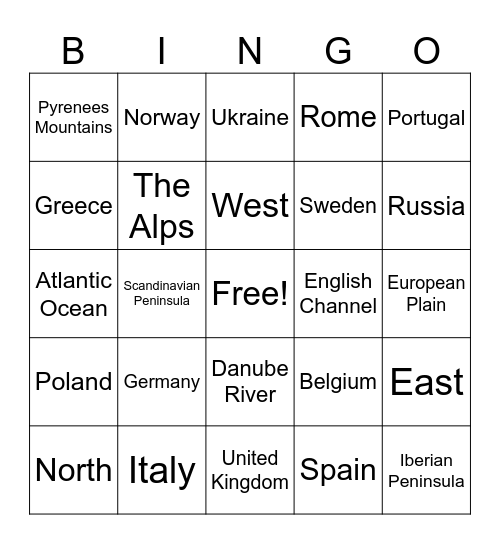 Europe Geography Bingo Card