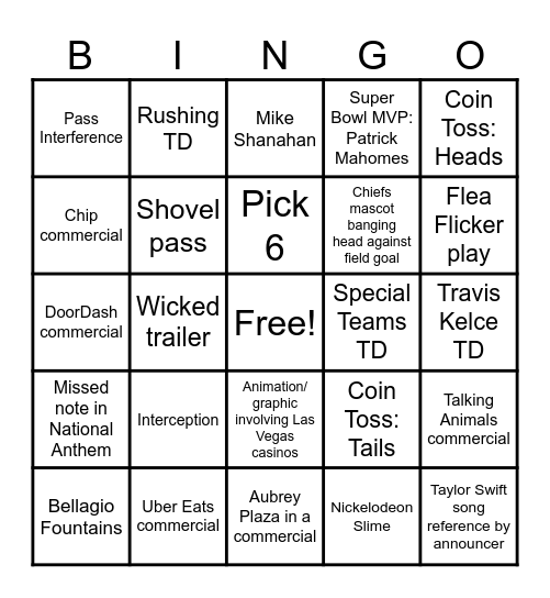 Super Bowl LVIII Bingo Card