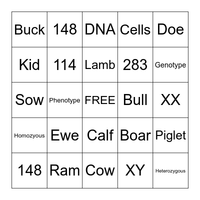 Livestock Reproduction Bingo Card
