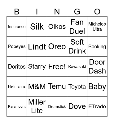 Superbowl 2024 Bingo Card