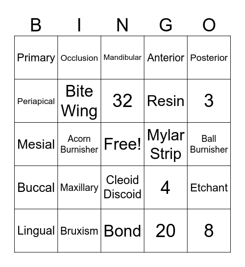 Dental Basics Bingo Card