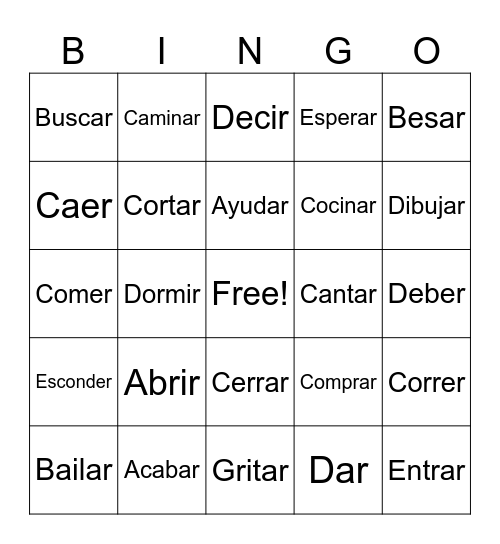 Spanish Verbs Bingo Card