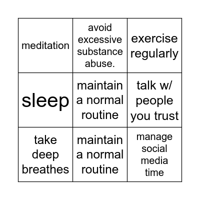 Stress Relief BINGO Card