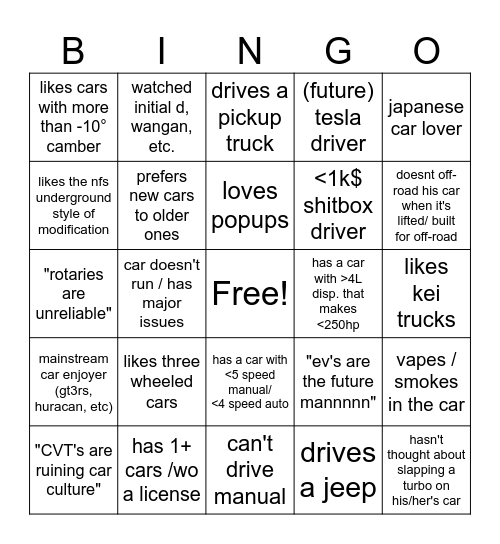 car enthusiast check Bingo Card