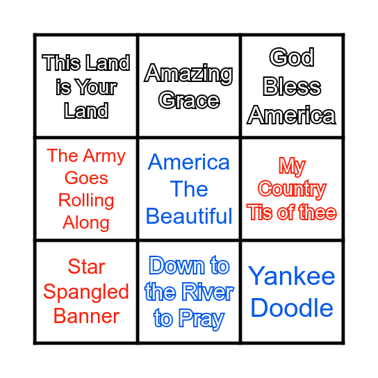 Erik's Patriotic Song Bingo Card