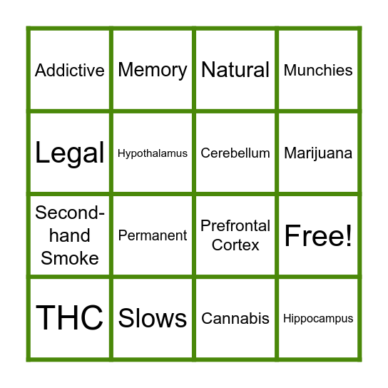 Marijuana Facts Bingo Card