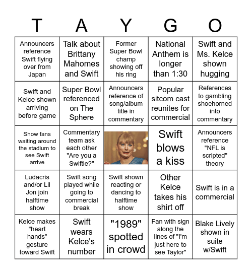 Taylor Swift Prop Bets Bingo Card