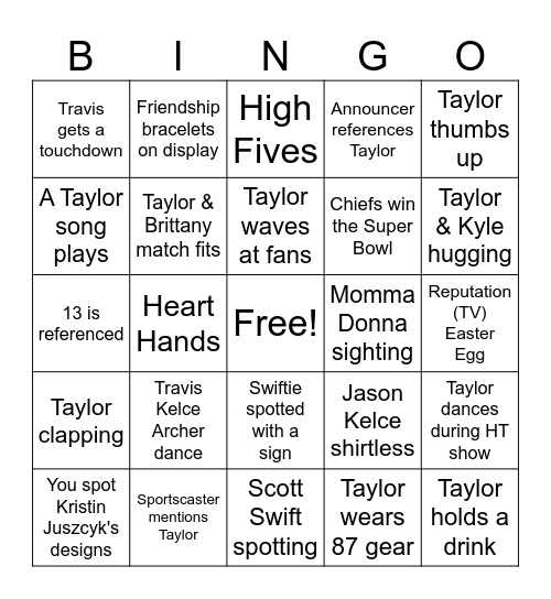 Super Bowl Bingo Taylor's Version Bingo Card