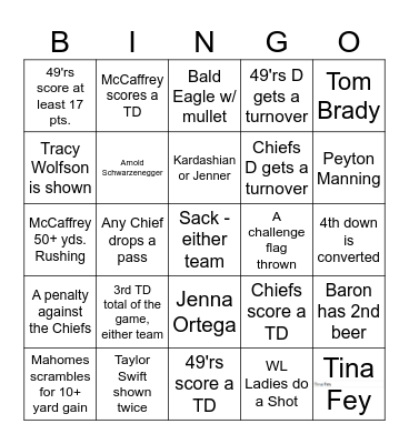 WLYC Superbowl Bingo Card