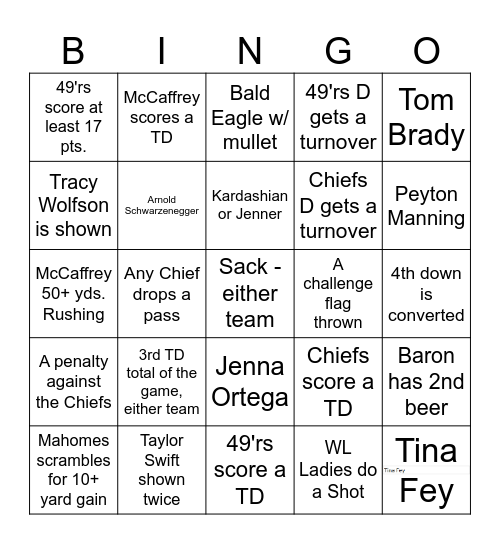 WLYC Superbowl Bingo Card