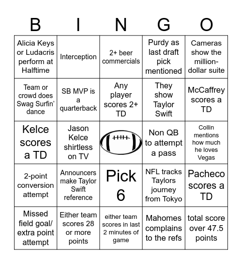 Superbowl Party 2024!! Bingo Card