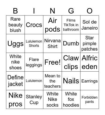Popular girl bingo Card