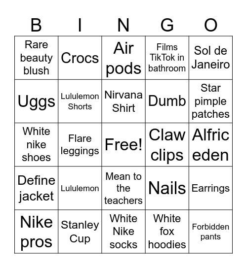 Popular girl bingo Card