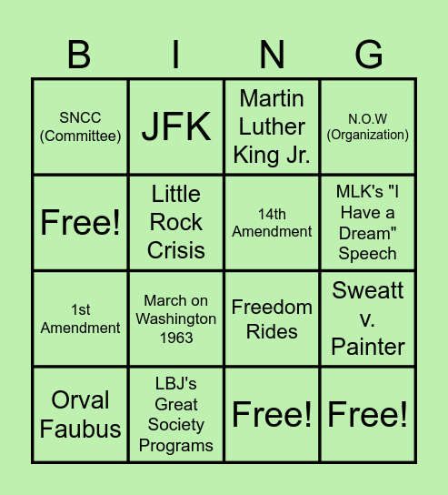 Unit 8: Civil Rights Movement Bingo Card