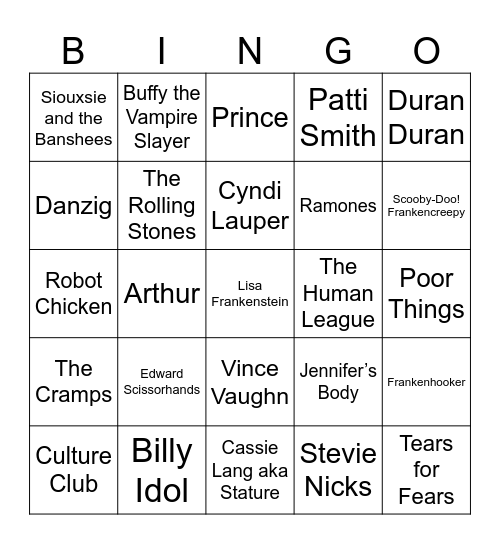 Lisa Frankenstein Bingo Card