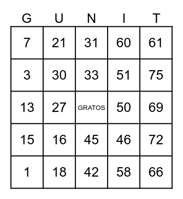 BINGO G-UNIT Bingo Card