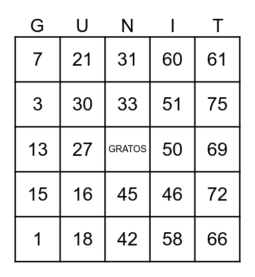 BINGO G-UNIT Bingo Card
