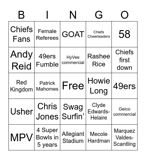 Super Red Super Bowl Party Bingo Card