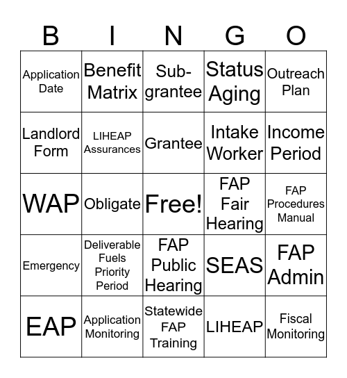 Fuel Assistance Bingo Card