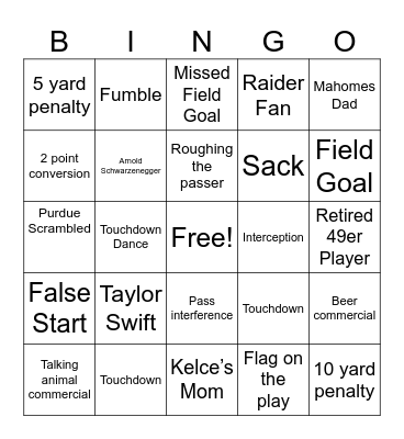 Knight Super Bowl Party Bingo Card