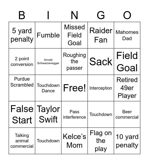 Knight Super Bowl Party Bingo Card