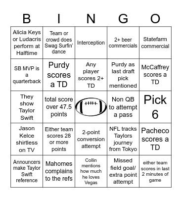 Superbowl Party 2024!! Bingo Card