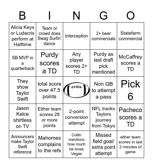 Superbowl Party 2024!! Bingo Card