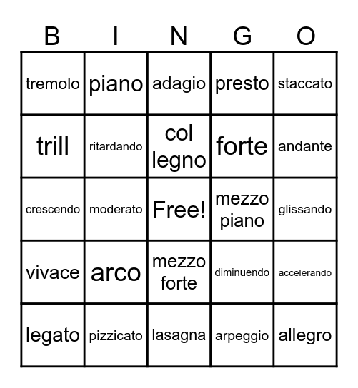 Italian music words BINGO Card