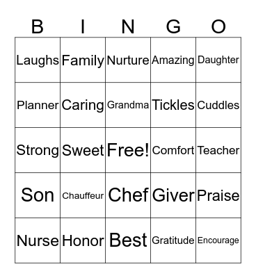 Momma's Day Bingo Card