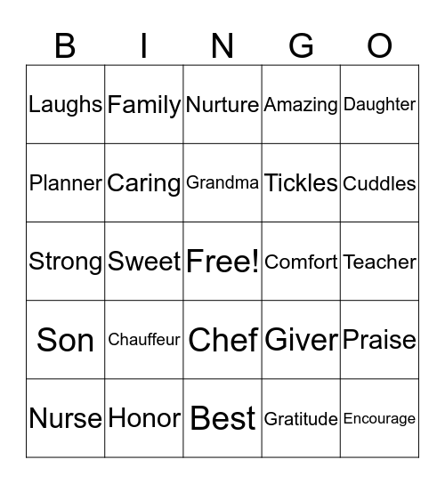 Momma's Day Bingo Card