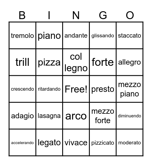 Italian music words BINGO Card