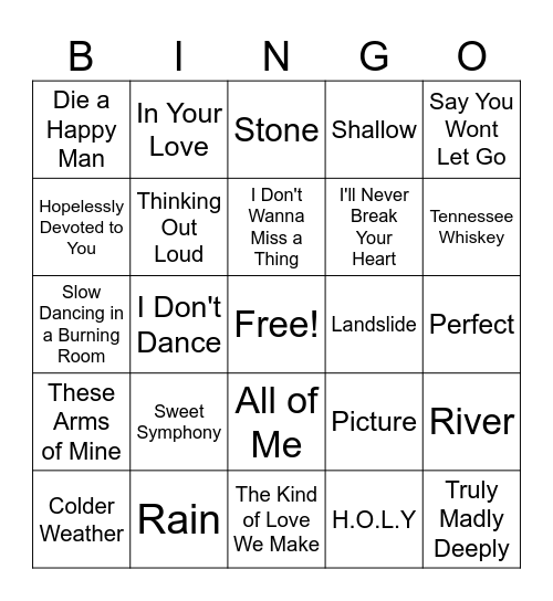 Slow Dance Bingo Card