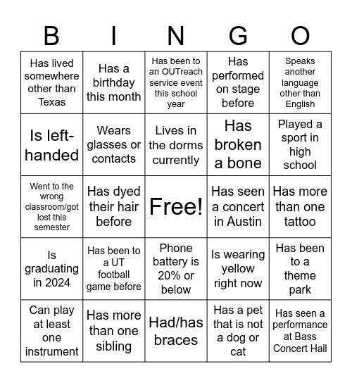 OUTreach Bingo! Bingo Card