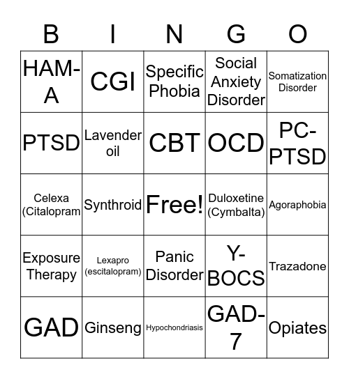 Anxiety BINGO Card