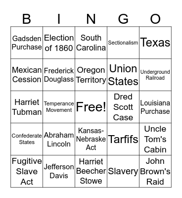 Road to Secession Bingo Card