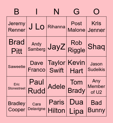 Superbowl Celebrity Bingo Card